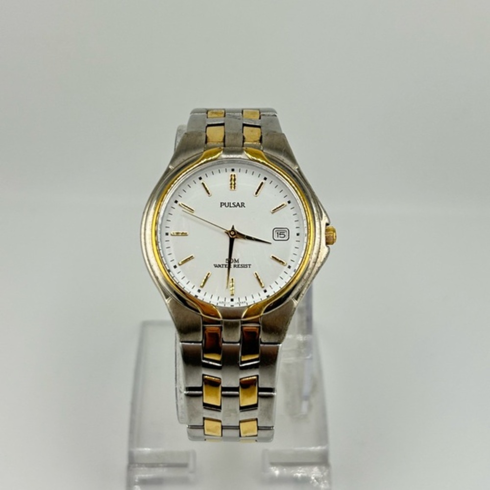 Pulsar Watch Men 35mm White Dial Two Tone Date Round #509